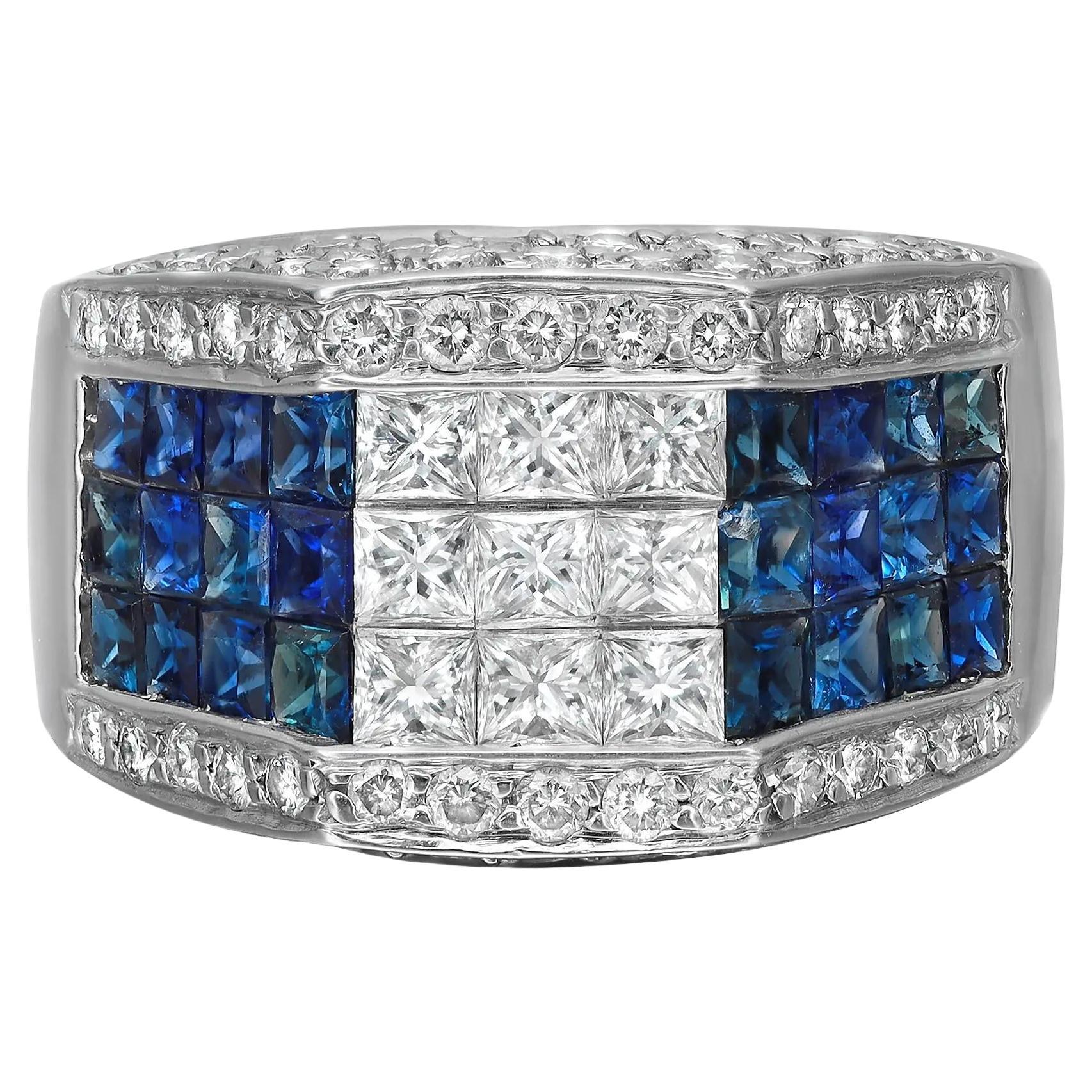 1.09Ctw Diamond & 1.20Ctw Blue Sapphire Cocktail Ring 18K White Gold Size 7 For Sale