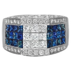 Anello da cocktail con diamante da 1,09 carati e zaffiro blu da 1,20 carati, oro bianco 18 carati, misura 7