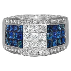 1,09Ctw Diamant & 1,20Ctw Blauer Saphir Cocktail-Ring 18K Weißgold Größe 7