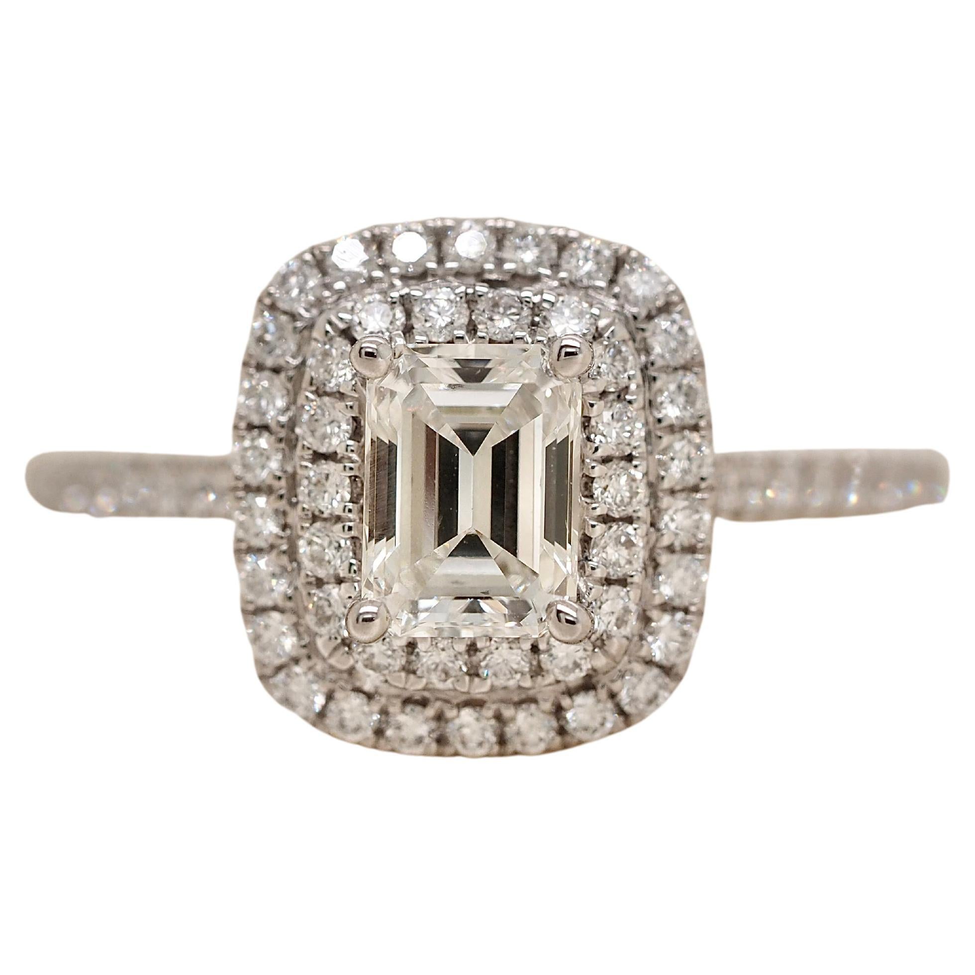 1.09CTW Emerald Cut Diamond Double Halo Engagement Ring in 14k White Gold For Sale
