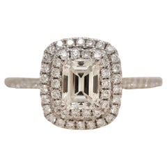 1.09CTW Emerald Cut Diamond Double Halo Engagement Ring in 14k White Gold