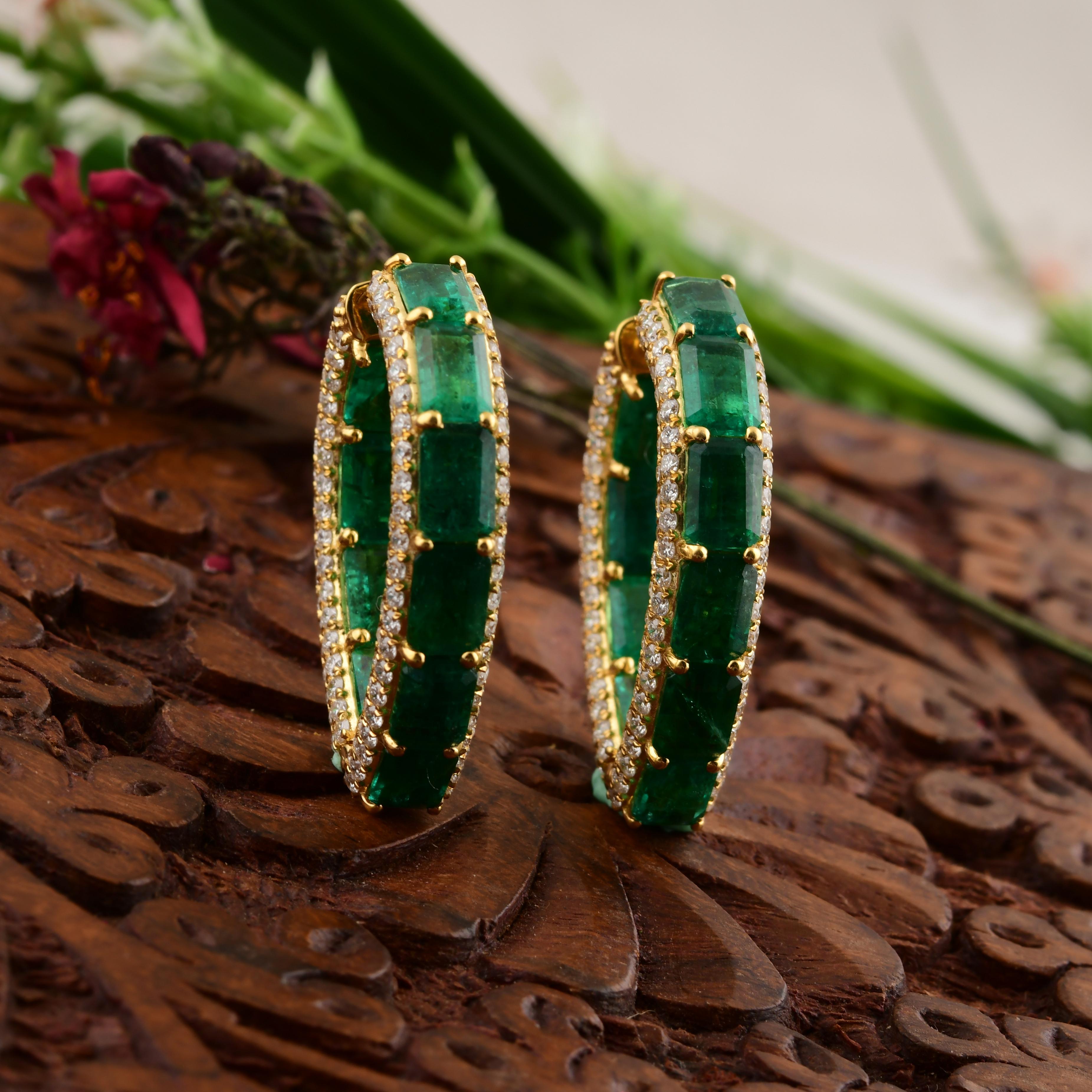 Octagon Cut 10.9ctw Zambian Emerald 3.06ctw Diamond Pear Shape Hoop Earrings 14k Yellow Gold For Sale