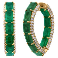 10.9ctw Zambian Emerald 3.06ctw Diamond Pear Shape Hoop Earrings 14k Yellow Gold