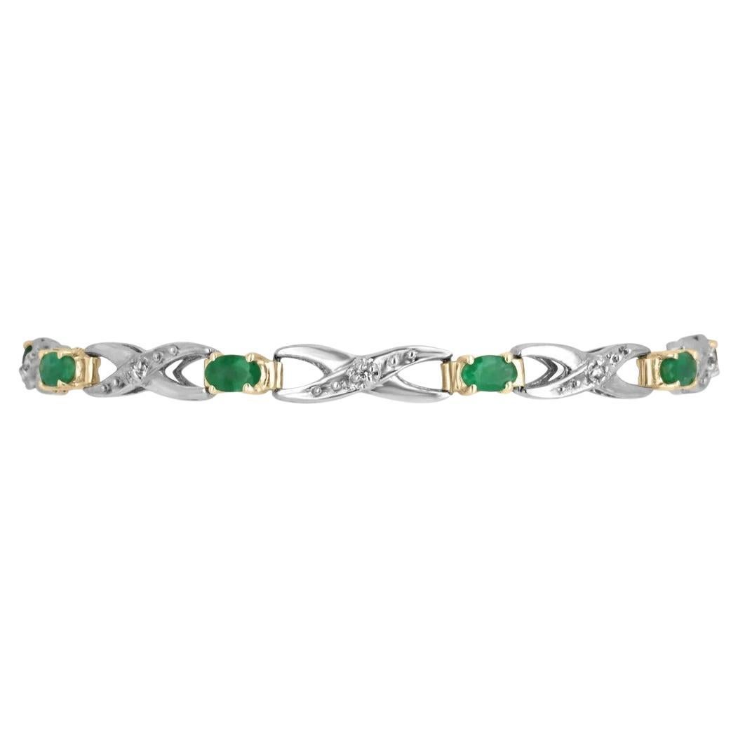 1.09tcw 14K Colombian Emerald Oval Cut & Diamond X Two Toned Gold Bracelet For Sale