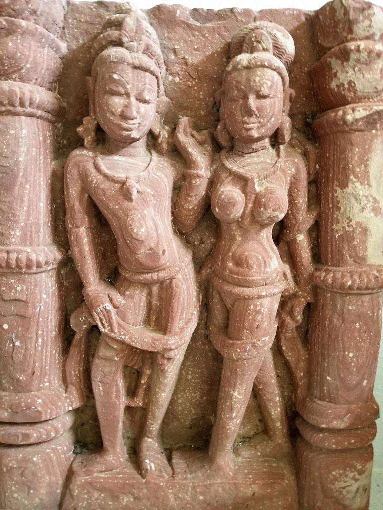 Archaistic 10th Century Red Sandstone Relief of a Mithuna Couple For Sale