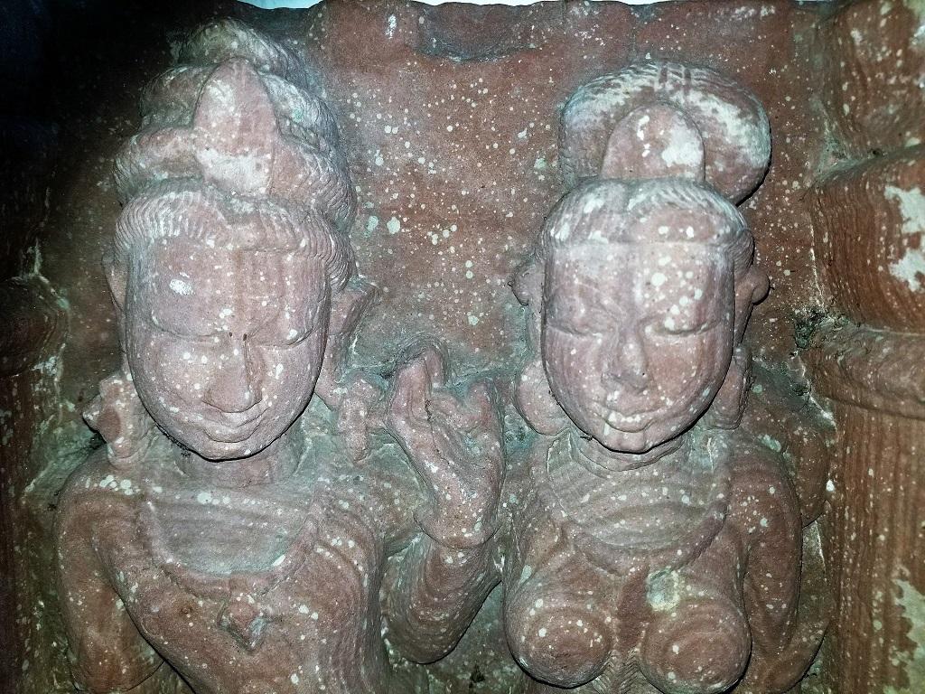 Carved 10th Century Red Sandstone Relief of a Mithuna Couple For Sale