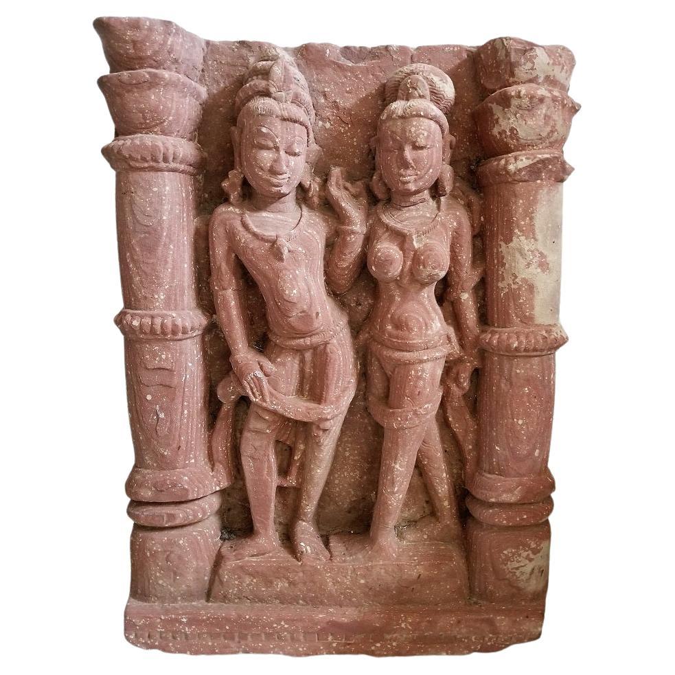 10th Century Red Sandstone Relief of a Mithuna Couple For Sale