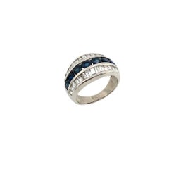 1.0c Round Sapphire & Baguette Diamond Turban Ring in 18ct White Gold