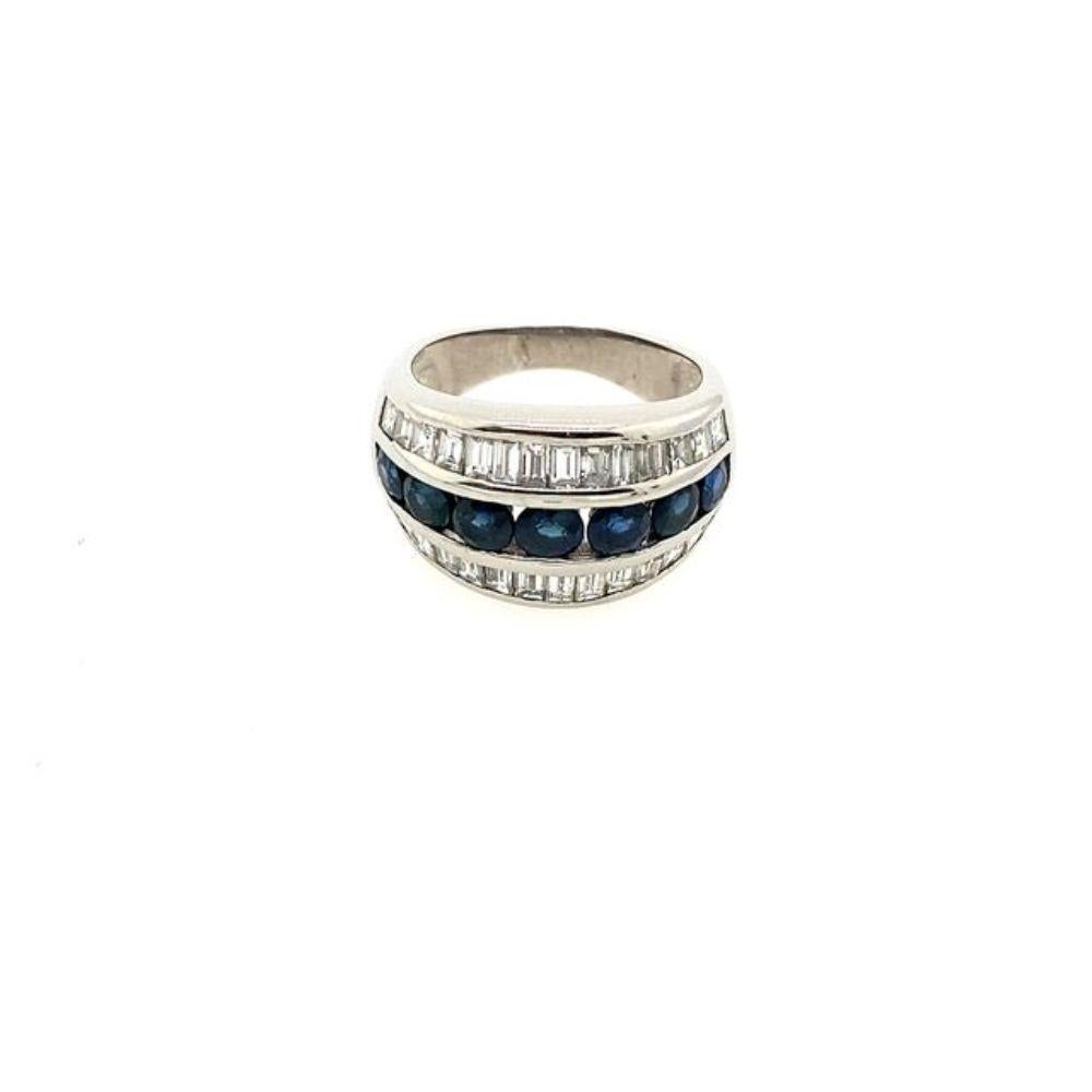 Baguette Cut 1.0c Round Sapphire & Baguette Diamond Turban Ring in 18ct White Gold For Sale