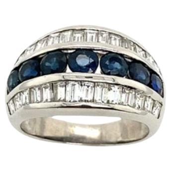 1.0c Round Sapphire & Baguette Diamond Turban Ring in 18ct White Gold For Sale