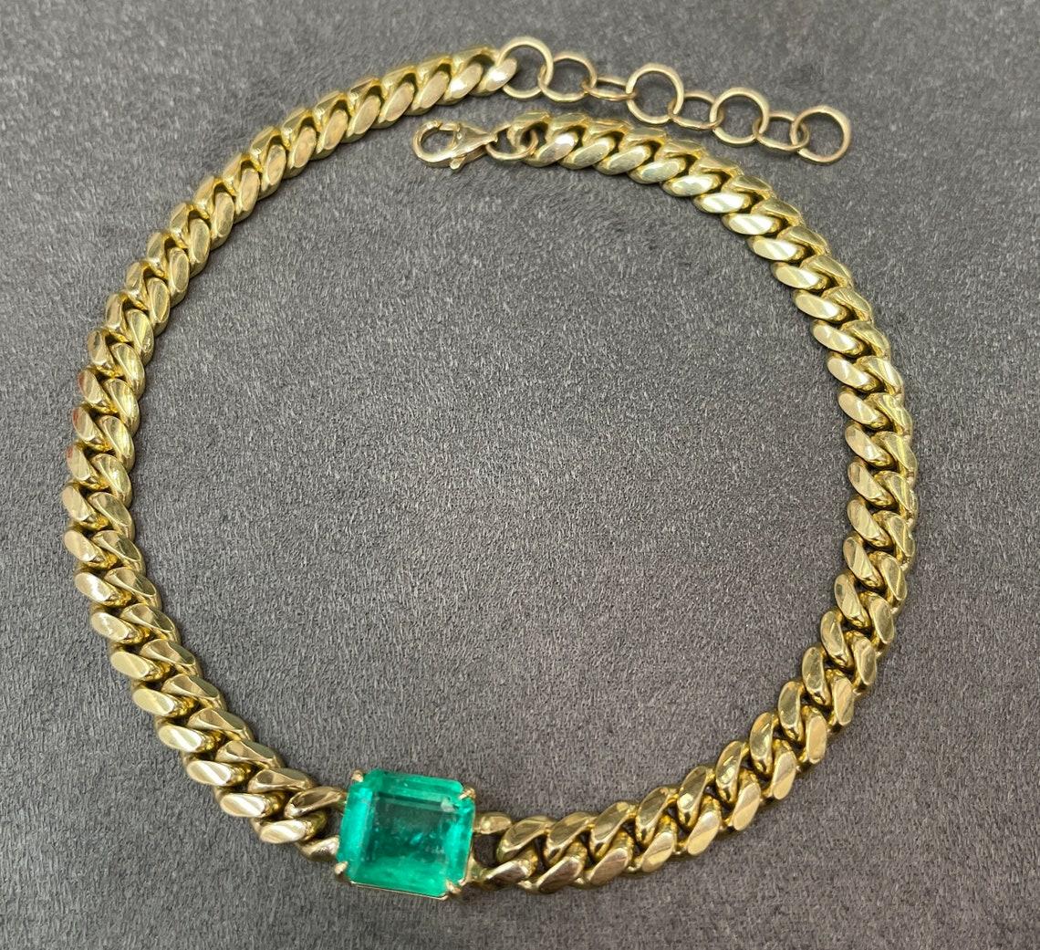 10 Karat 14K Jumbo Smaragd Choker Halskette Kubanische Glieder Smaragd Choker Halskette (Smaragdschliff) im Angebot