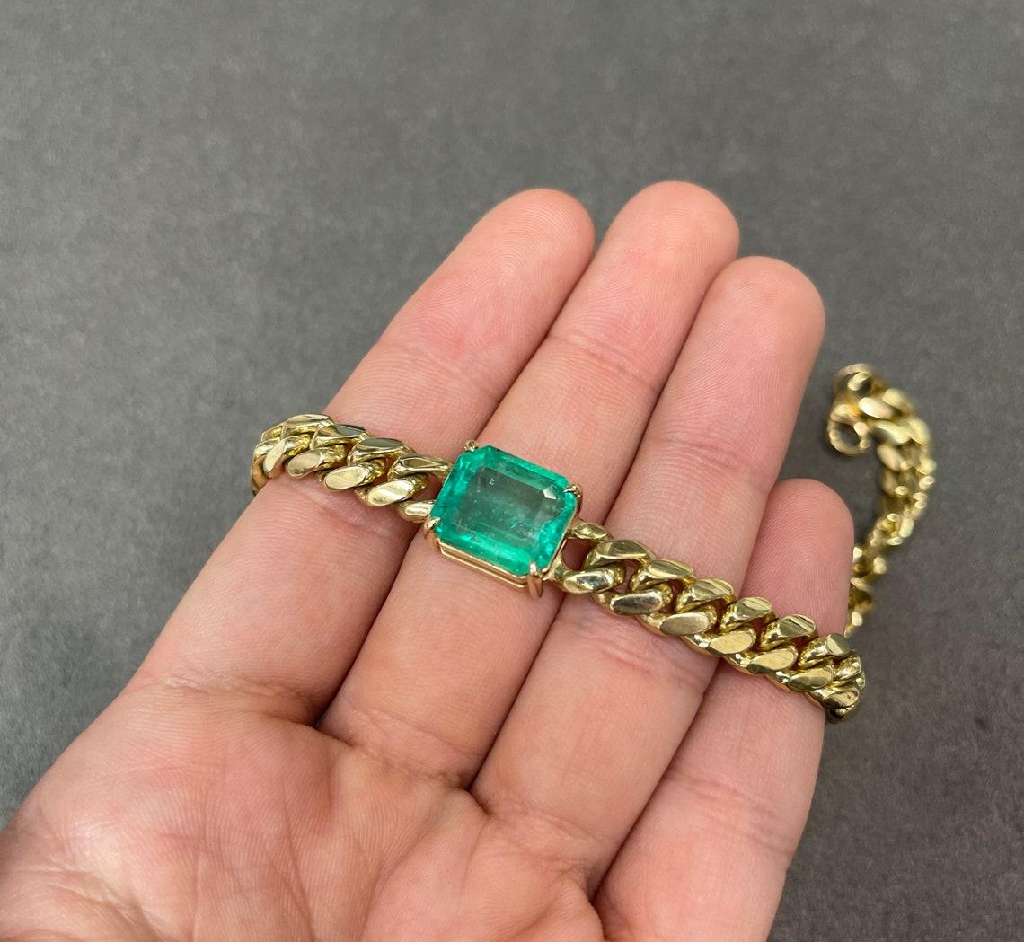 Emerald Cut 10ct 14K Jumbo Emerald Choker Necklace Cuban Link Emerald Choker Necklace For Sale
