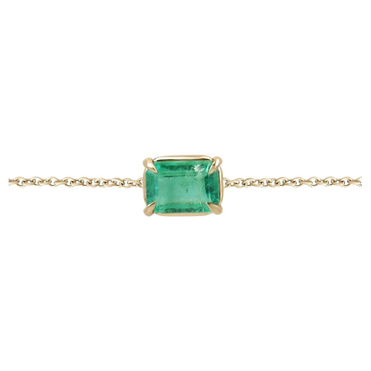 1.0ct 14K Natural Rich Green Emerald Cut Emerald Solitaire Prong Set Bracelet For Sale