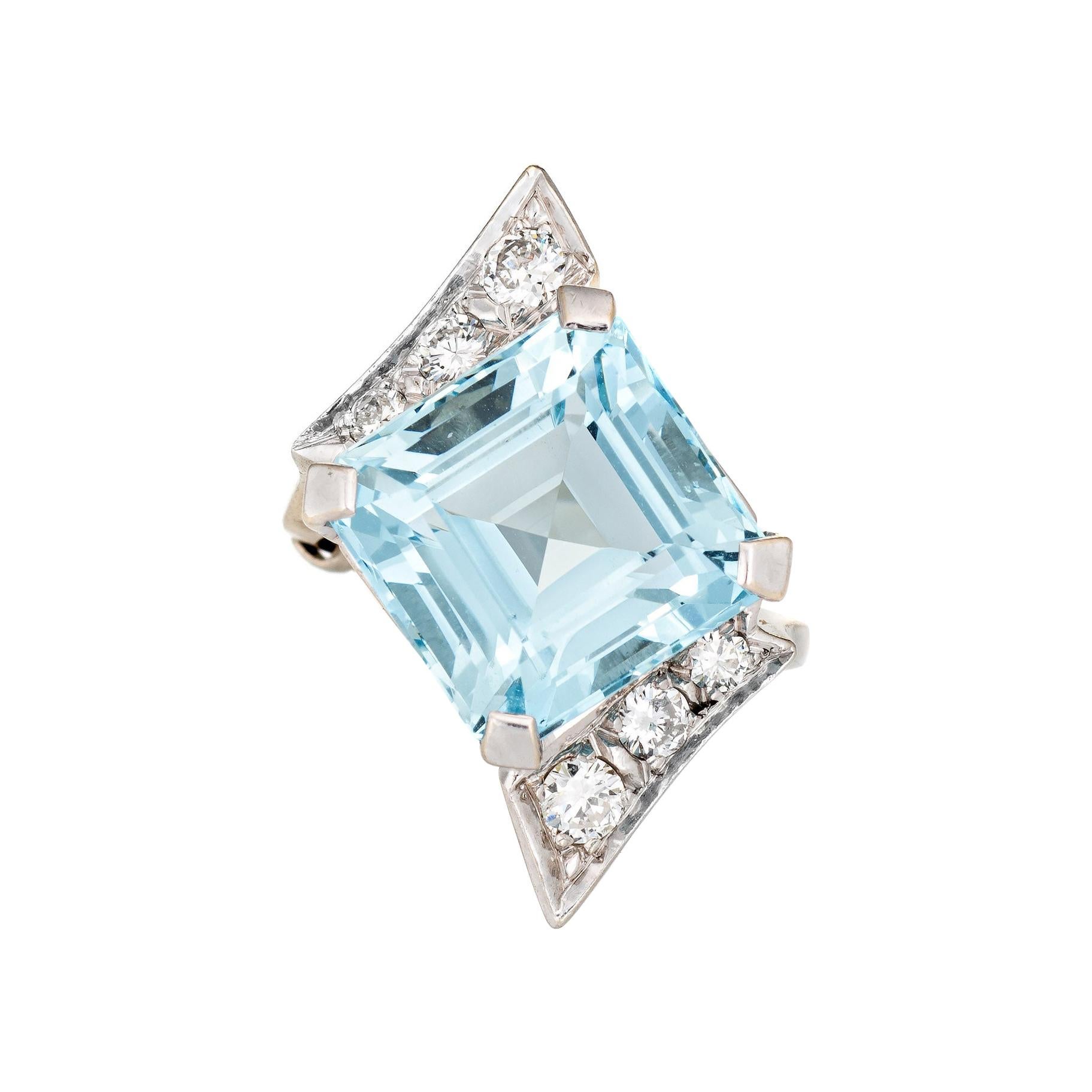 10ct Aquamarine Diamond Ring 60s Vintage 14k White Gold Cocktail Jewelry