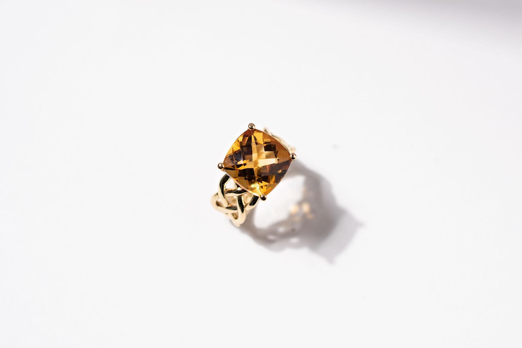Vibrant Yellow this 8ct AAA 10-carat statement ring was made from recycled 14k yellow gold. Handmade in Toronto. The Citrine radiates warmth especially when the sun hits the surface of the stone. It is a brightly coloured stone and it really is very
