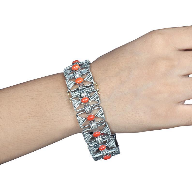 Cabochon 10 Carat Diamond Bracelet with Red Corals For Sale