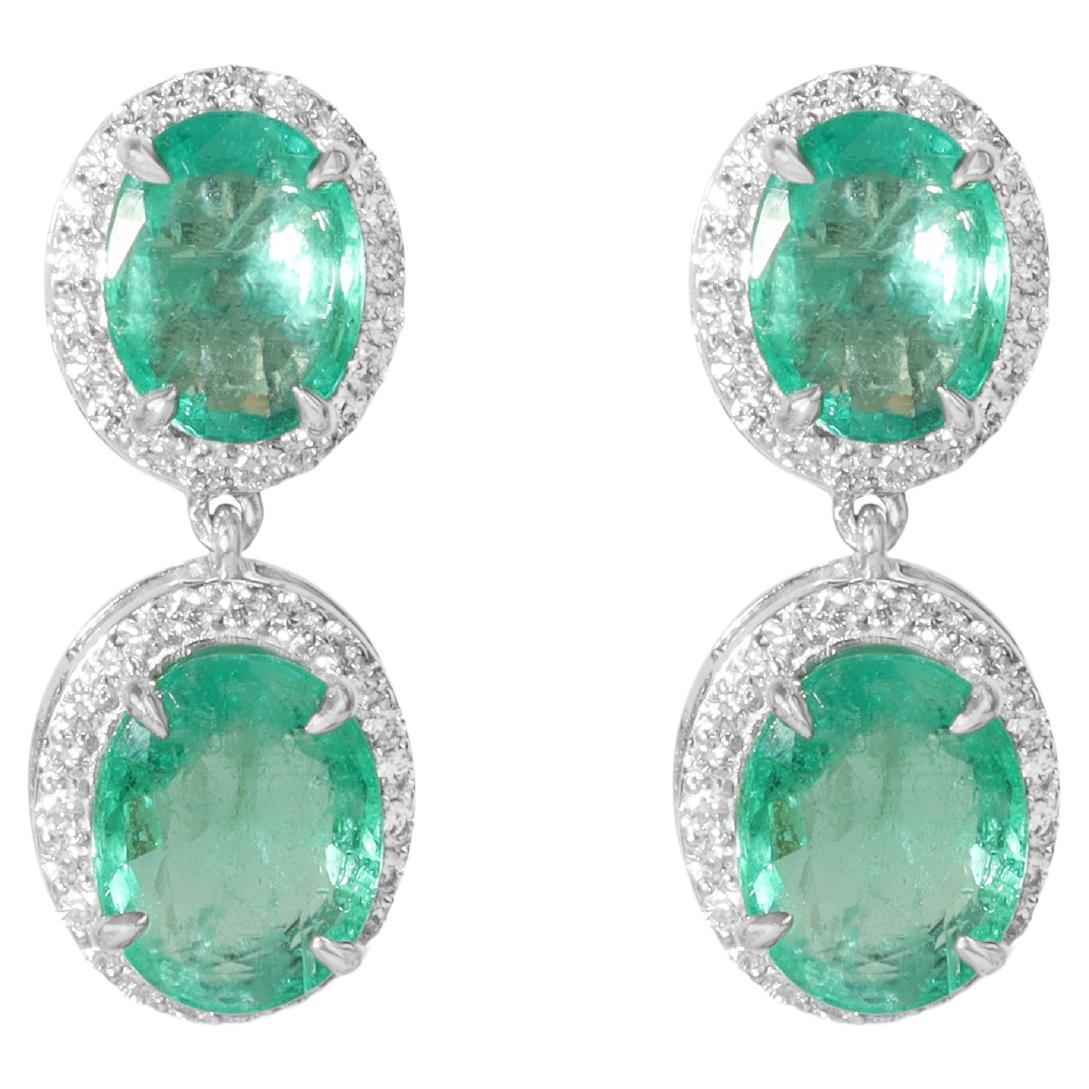 10ct Exceptional Natural Oval Emerald Dangle Earrings Halo Diamond in 18k gold