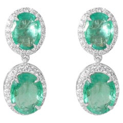 10ct Exceptional Natural Oval Emerald Dangle Earrings Halo Diamond in 18k gold