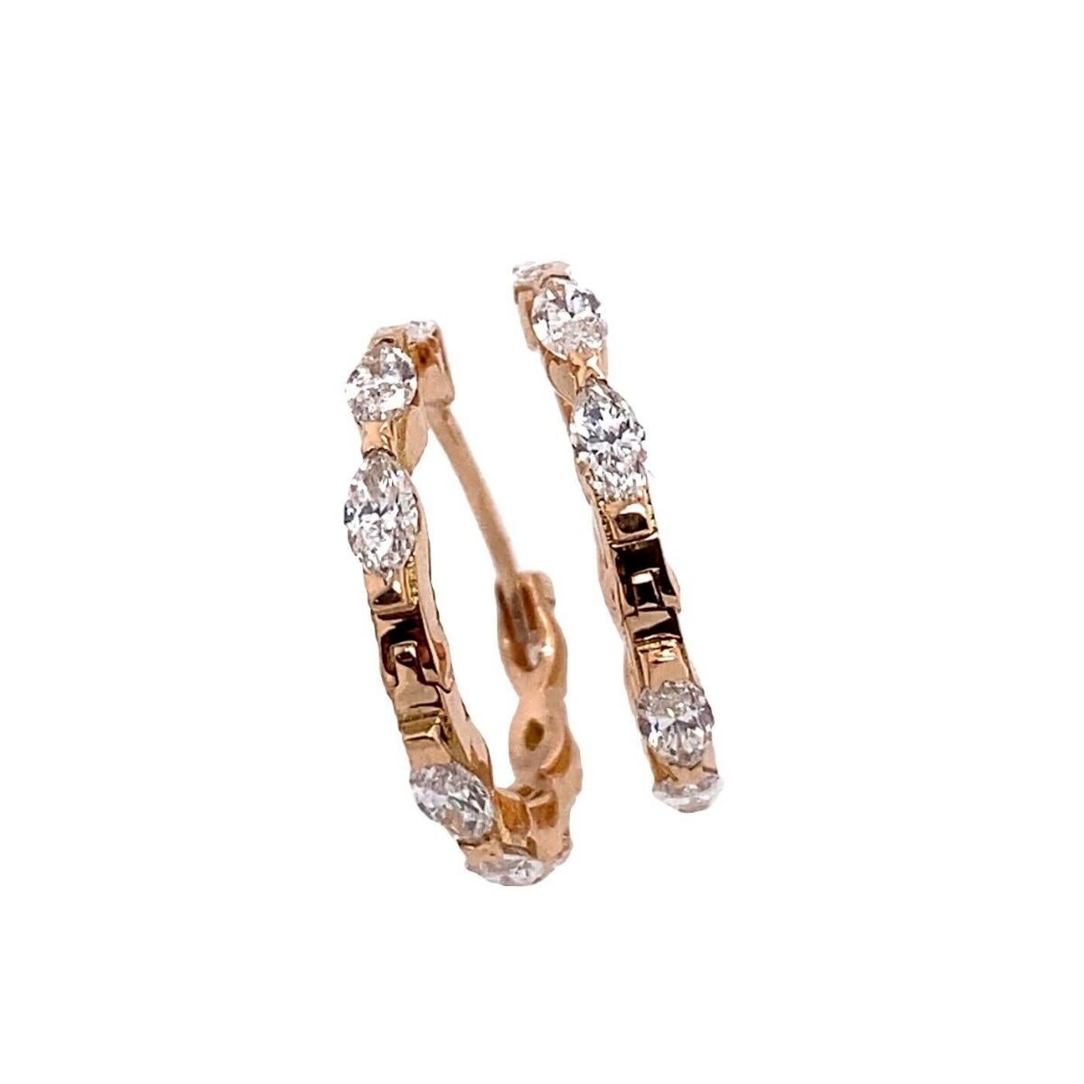Marquise Diamond Hoop Earrings, In 18ct Rose Gold Set With 1.0ct F/VS Diamonds

The earrings are set 18ct Yellow Gold with 1.00ct of natural marquise cut Diamonds,
15.70mm in size external diameter. It is a great gift for someone