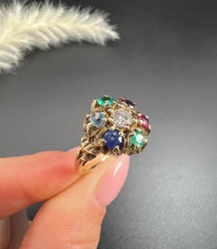 10ct Gold 1970s Diamond Emerald, Amethyst, Ruby, Sapphire and Topaz Cluster Ring
