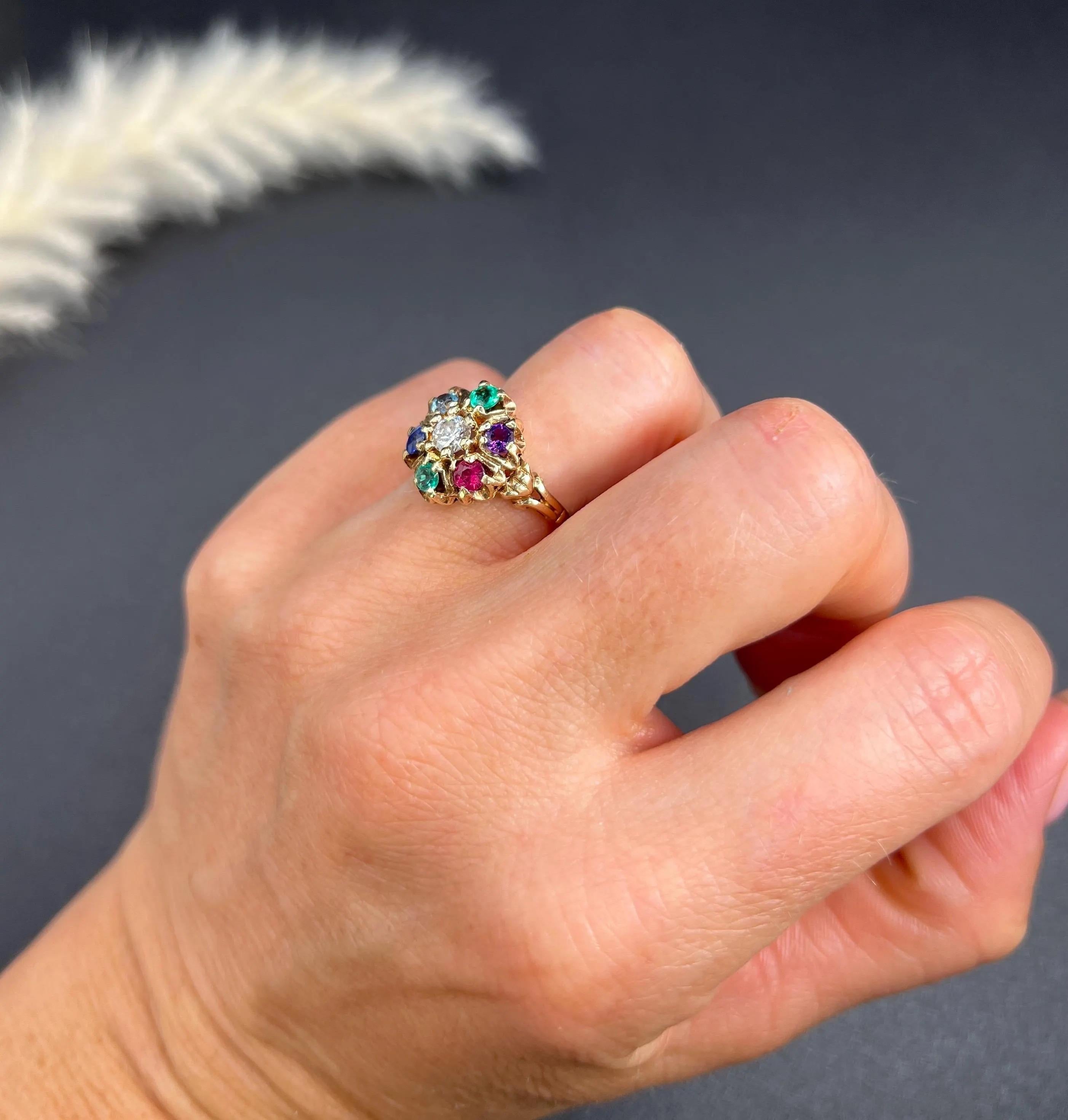Bague en or 10ct diamant des années 1970 émeraude, améthyste, rubis, saphir et topaze Bon état - En vente à Brighton, GB
