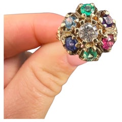 10ct Gold 1970s Diamond Emerald, Amethyst, Ruby, Sapphire and Topaz Cluster Ring