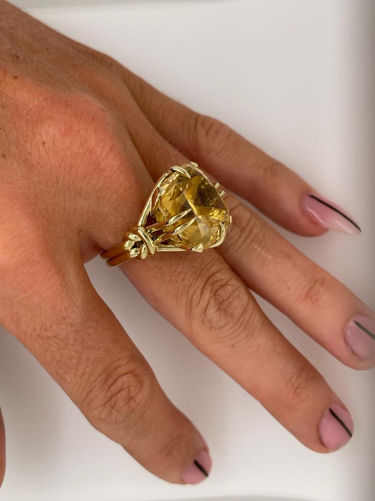 For Sale:  10ct Golden Citrine Cushion Cut Ring with Diamonds and 18 Carat Yellow Gold 9
