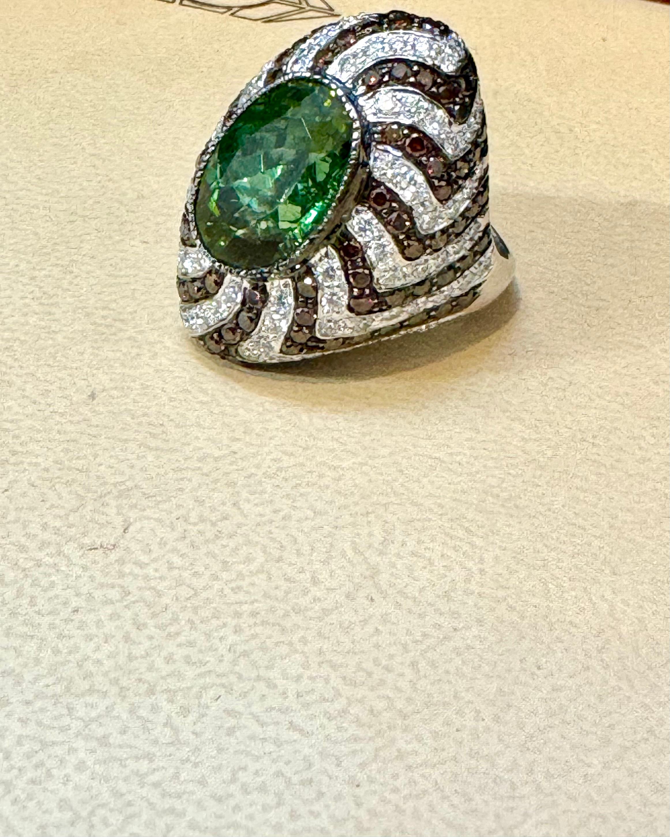 Emerald Cut 10Ct Green Tourmaline & 4.2 Ct Diamond Zigzag Cocktail Ring 18 Kt White Gold 6.5 For Sale