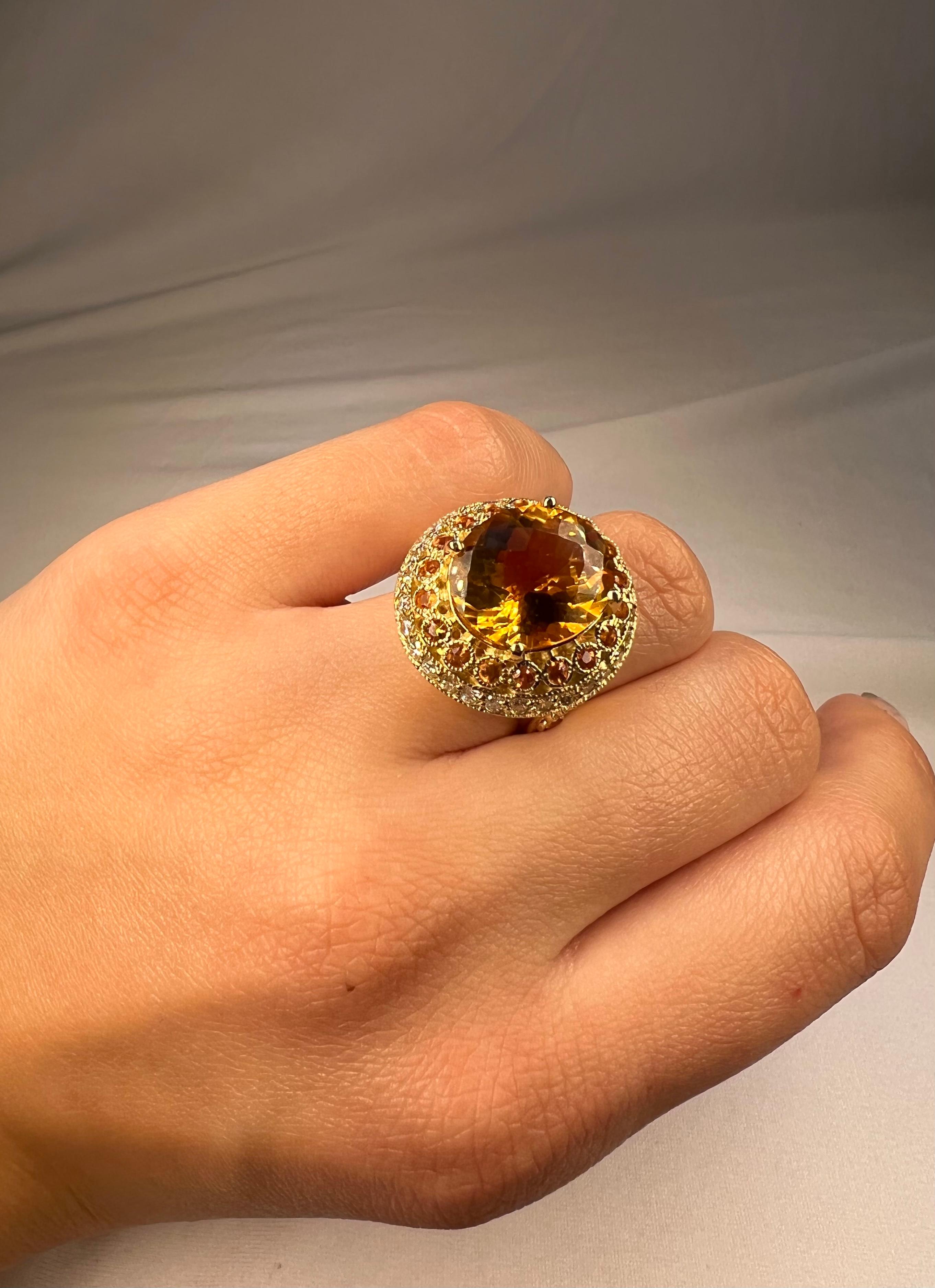 10 Carat Mandarin Orange Citrine Surrounded by Orange Sapphires and Diamonds 1