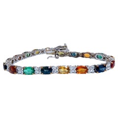 Bracelet tennis ligne de pierres précieuses 14 carats avec saphirs naturels, émeraudes et grenats verts de 10 carats