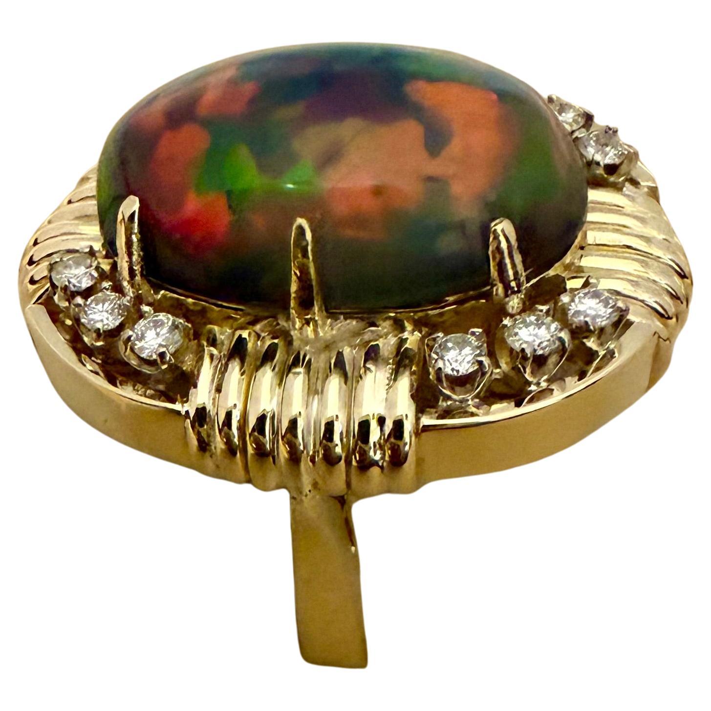 10Ct Oval Shape Black Australian Opal Cocktail Ring 14 Kt Yellow Gold, SIZE 6.5