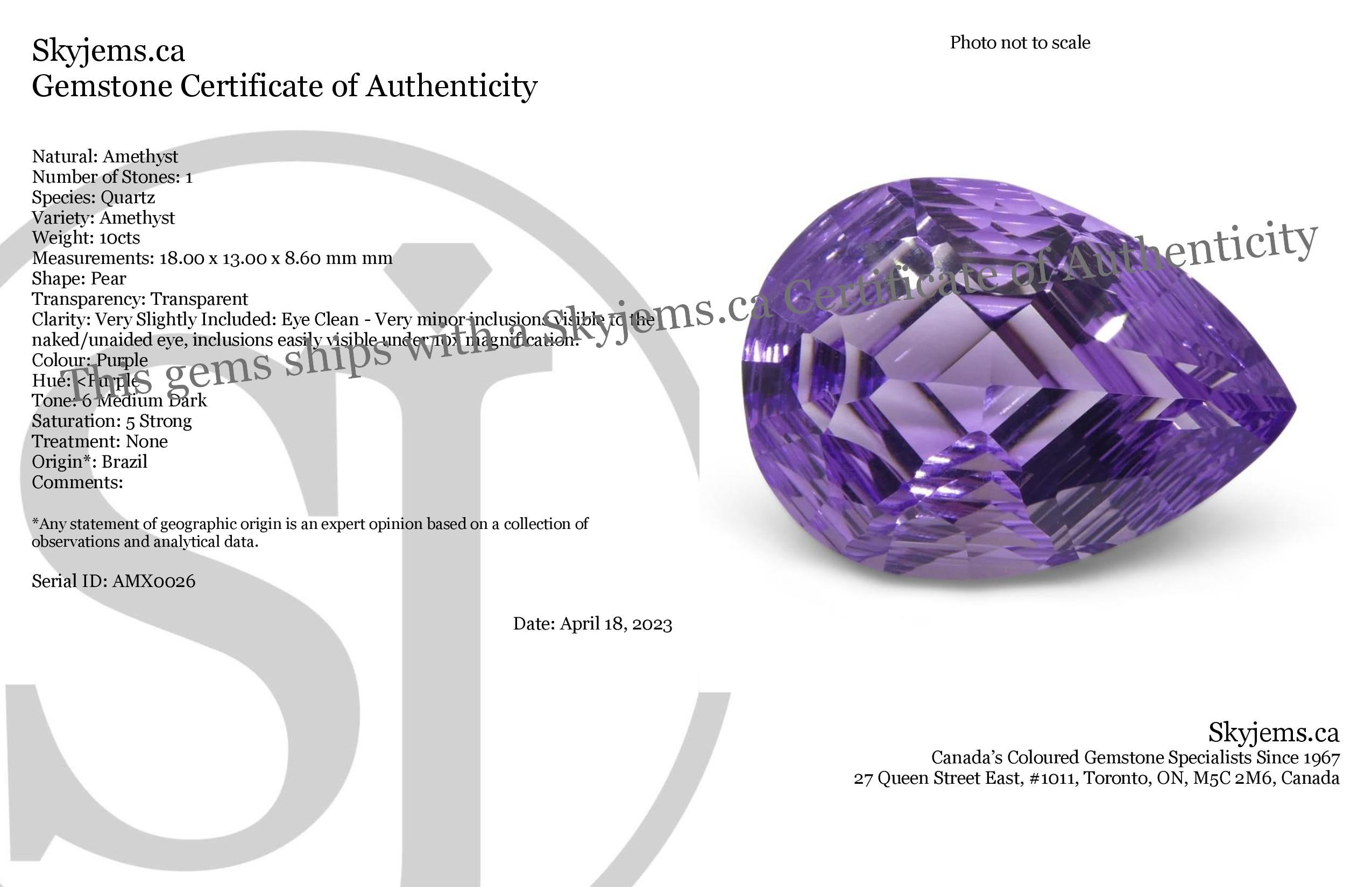 Descripción:

Tipo de gema: Amatista
Número de Piedras: 1
Peso: 10 cts
Medidas: 18,00 x 13,00 x 8,60 mm
Forma: Pera
Estilo de corte Corona: Brillante modificado
Pabellón Estilo de Corte: Corte Mixto
Transparencia: Transparente
Claridad: Muy