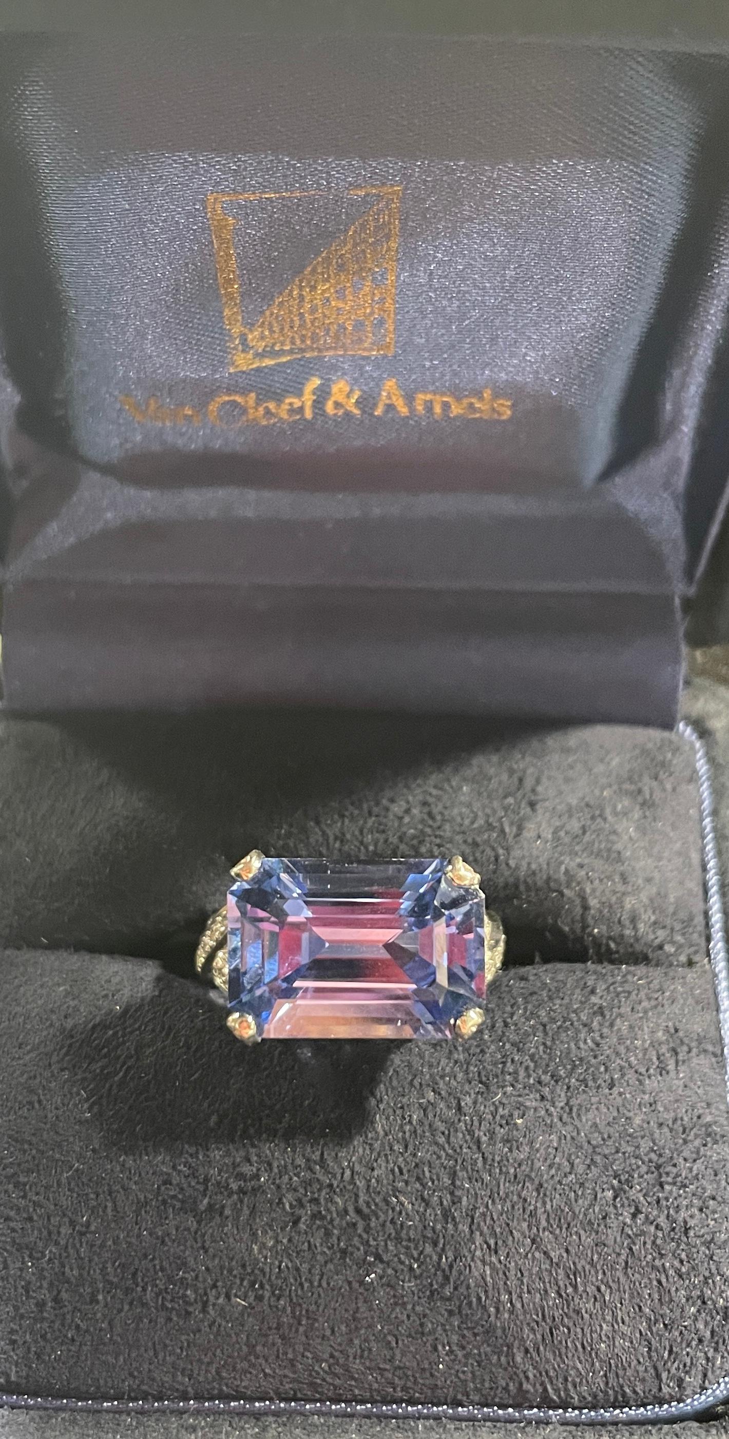 HK Fine Estate Jewels is thrilled to present this one of a kind Van Cleef & Arpels east west set sapphire ring. This hand crafted masterpiece features sapphire weighing 10.15 carats carefully set in a horizontal position with the open work shoulders