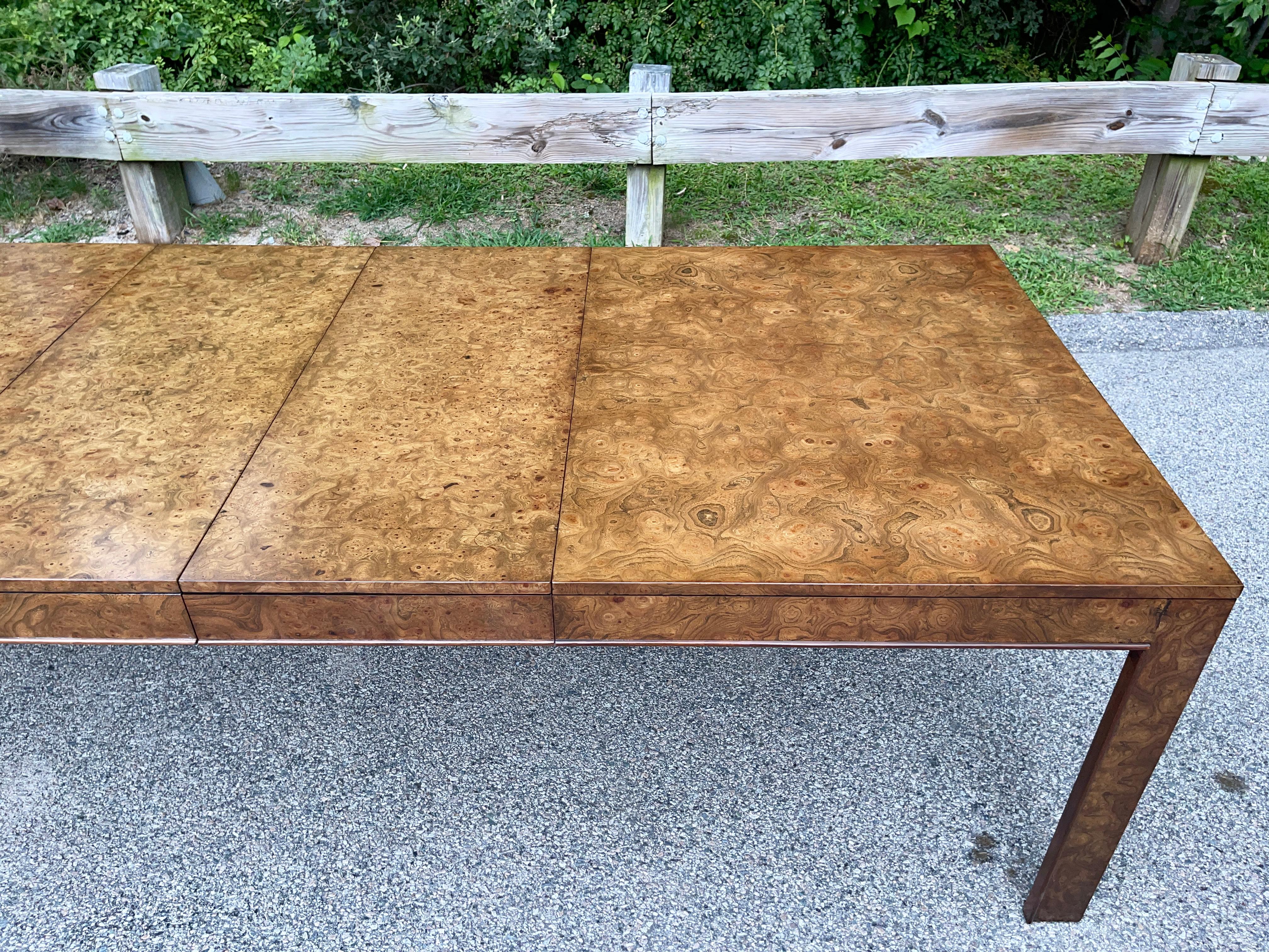 10ft Parsons Dining Table in Olive Burl by John Widdicomb for John Stuart In Good Condition In Hanover, MA
