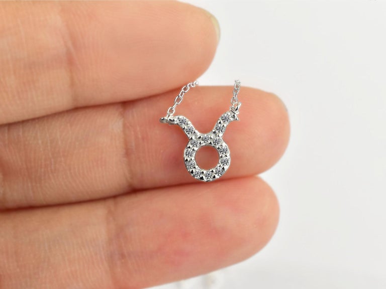 14k Solid Gold Diamond Necklace Taurus Zodiac Sign Diamond Zodiac Pendant In New Condition For Sale In Bangkok, TH