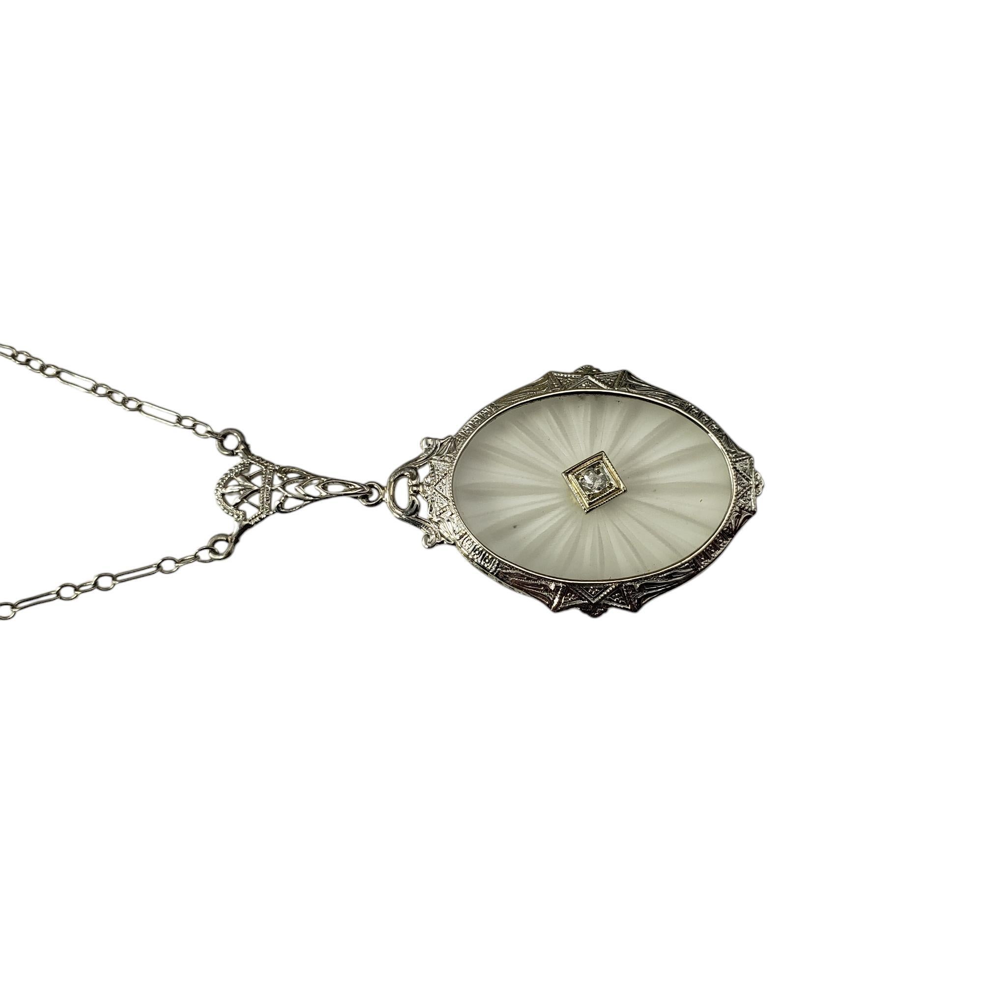 Single Cut 10K / 14K White Gold Filigree Camphor Glass and Diamond Pendant Necklace #20517