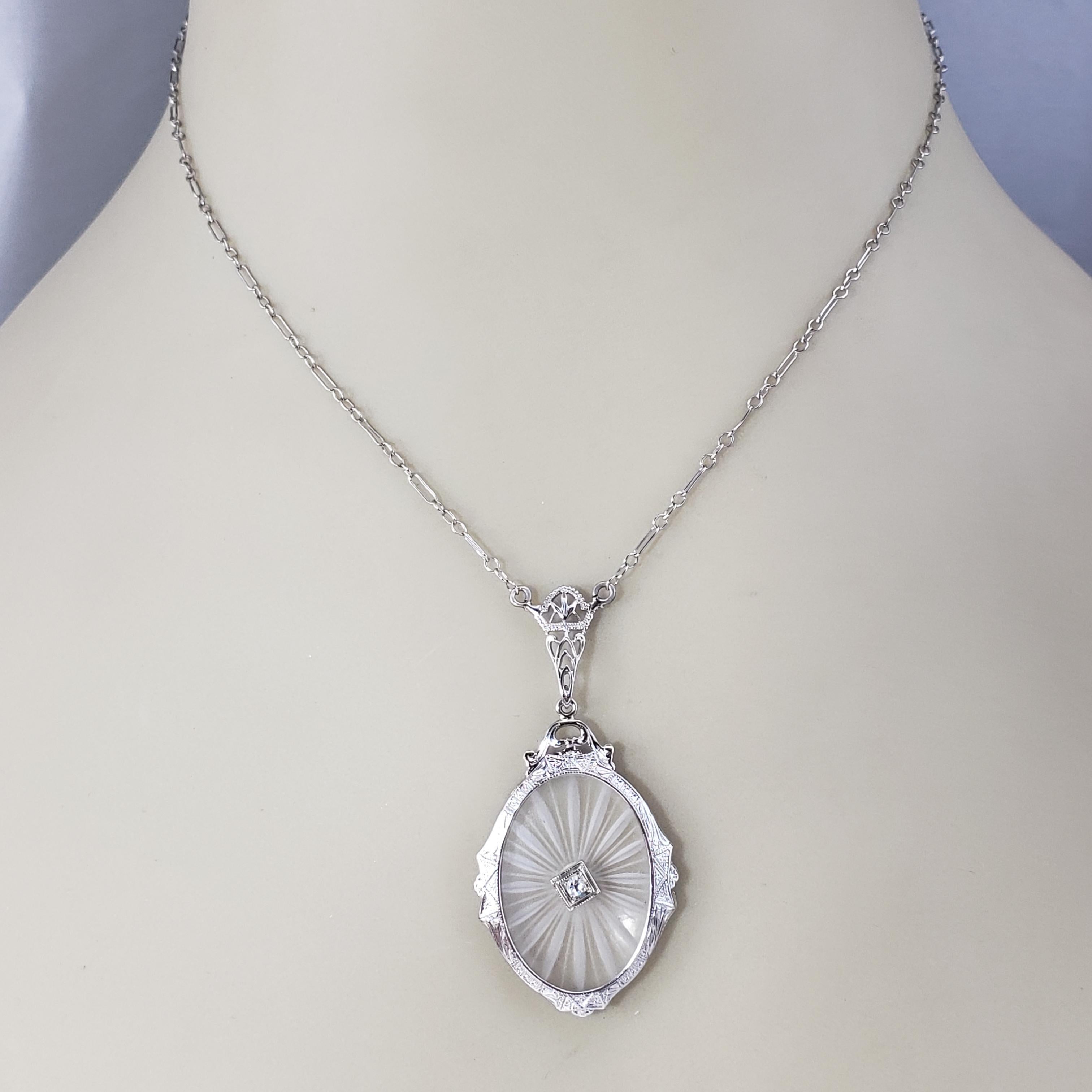 Women's 10K / 14K White Gold Filigree Camphor Glass and Diamond Pendant Necklace #20517