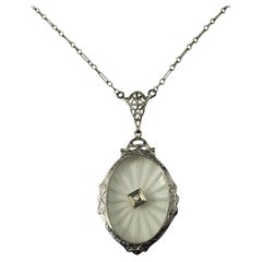 10K / 14K White Gold Filigree Camphor Glass and Diamond Pendant Necklace #20517