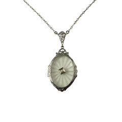 10K / 14K White Gold Filigree Camphor Glass Pendant Necklace #22288