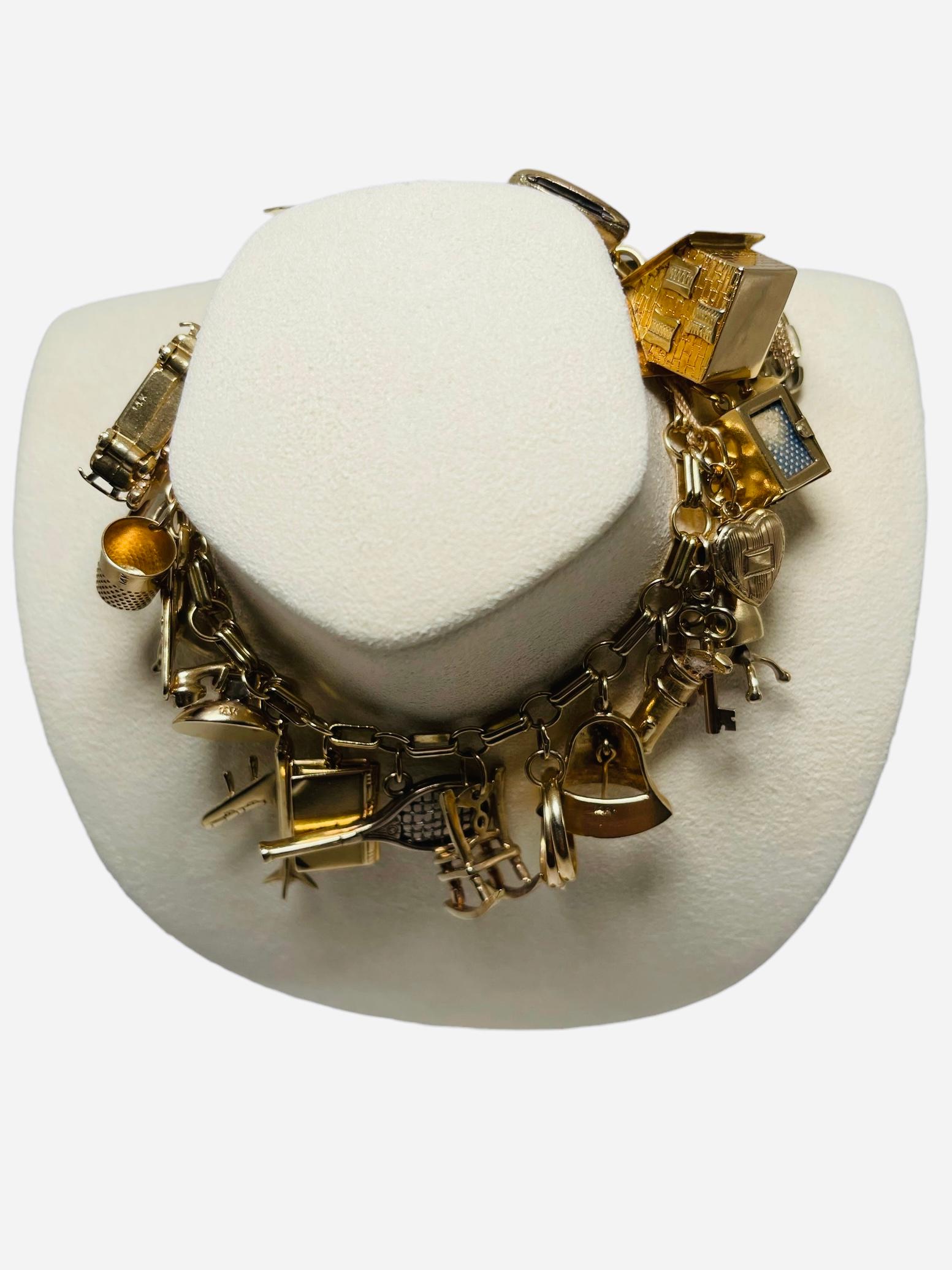 Modern 10K And 14K Yellow Gold Cable Link Charms Bracelet For Sale