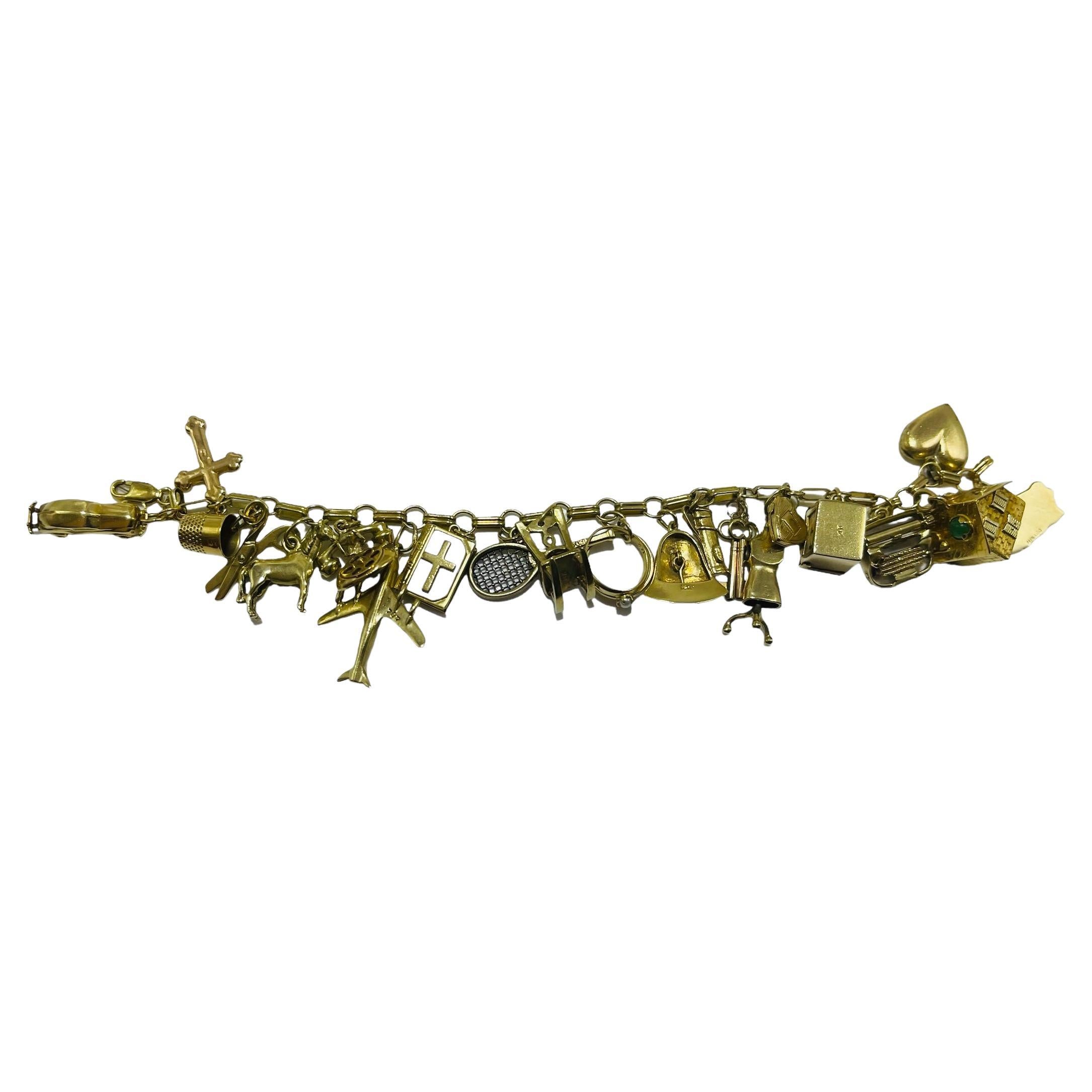 10K And 14K Yellow Gold Cable Link Charms Bracelet 