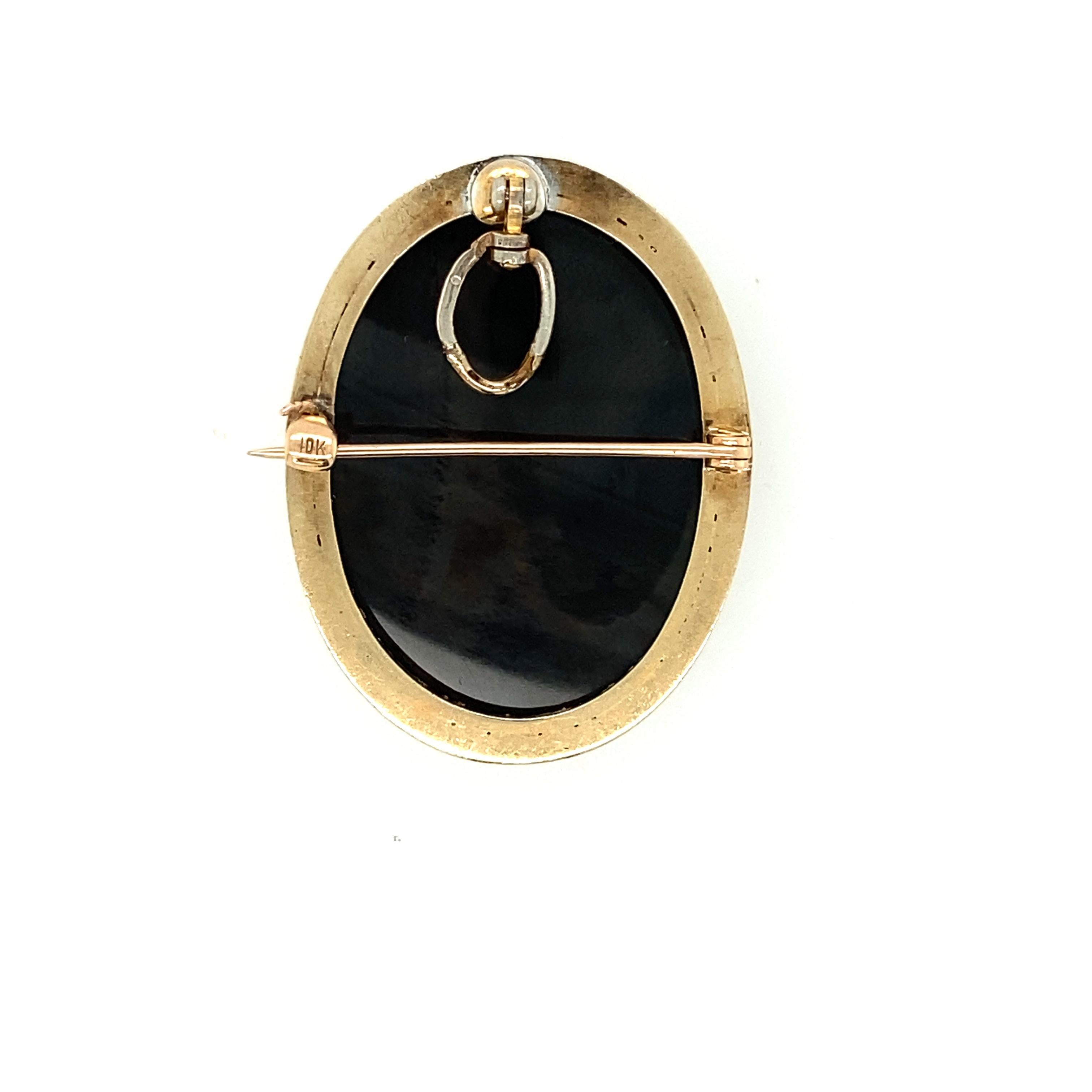 Women's or Men's 10K Antique Edwardian Yellow Gold Cameo Brooch Pendant Circa 1910 For Sale