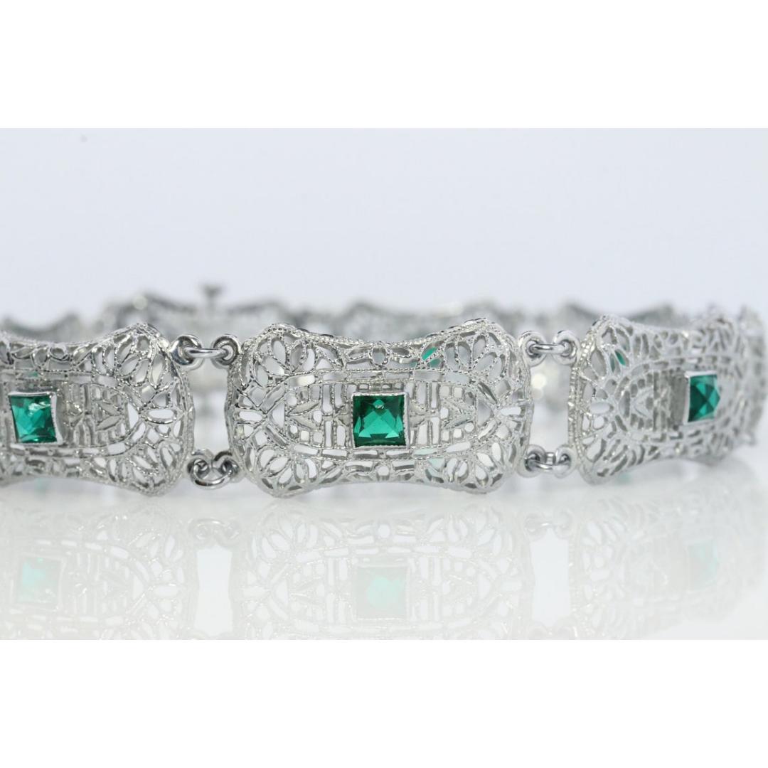 10k Art Deco Filigree Bracelet. Open Scroll link Princess Emerald bracelet. For Sale 6