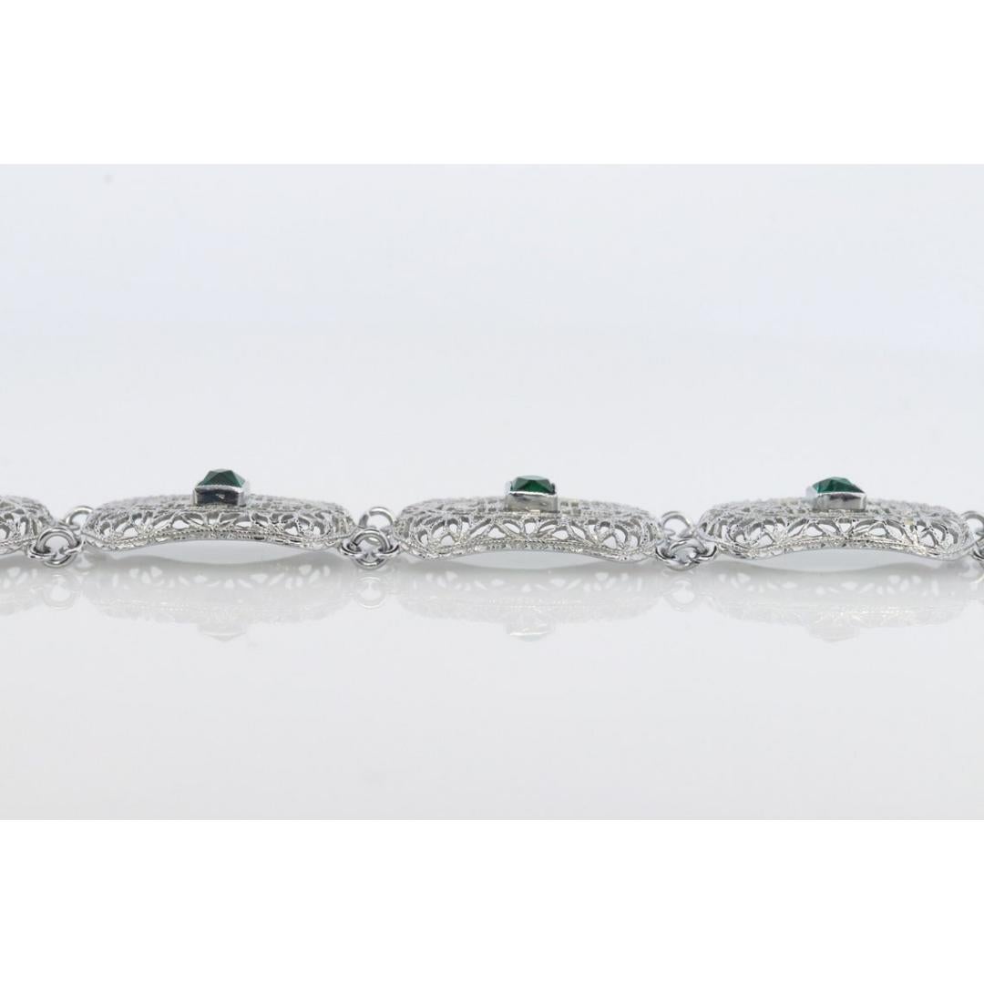 10k Art Deco Filigree Bracelet. Open Scroll link Princess Emerald bracelet. In Good Condition For Sale In Port Charlotte, FL