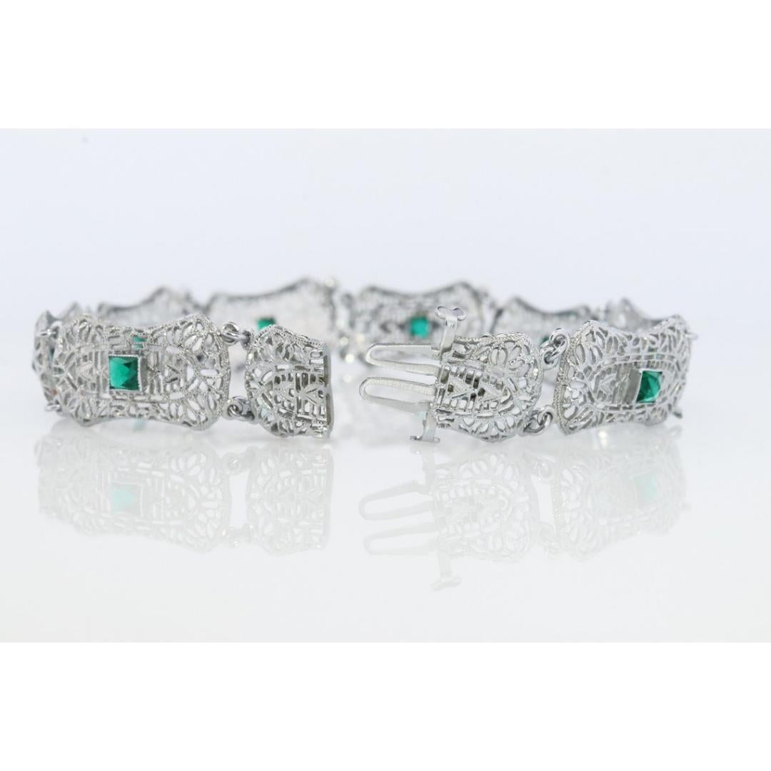 Women's 10k Art Deco Filigree Bracelet. Open Scroll link Princess Emerald bracelet. For Sale