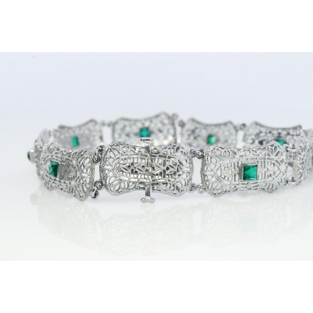10k Art Deco Filigree Bracelet. Open Scroll link Princess Emerald bracelet. For Sale 1