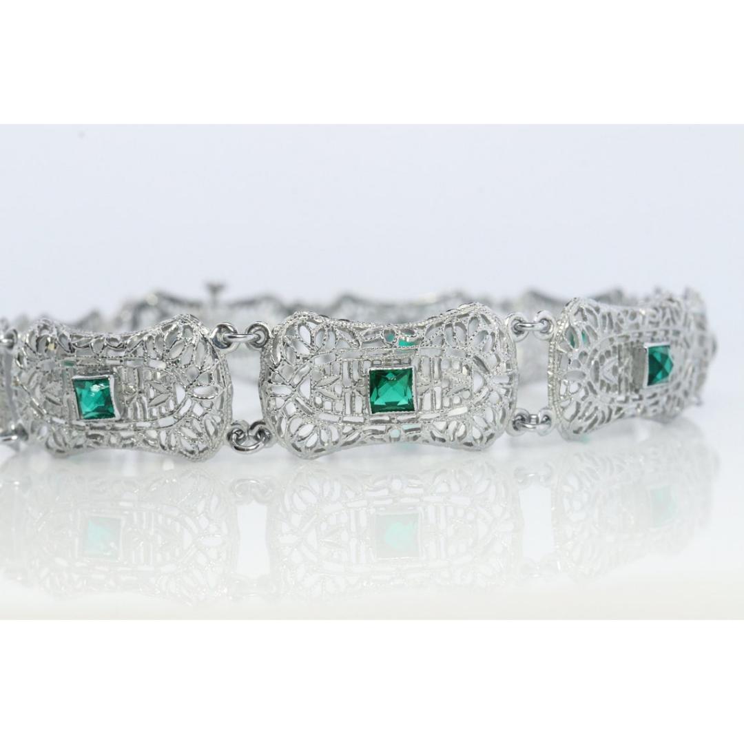 10k Art Deco Filigree Bracelet. Open Scroll link Princess Emerald bracelet. For Sale 3
