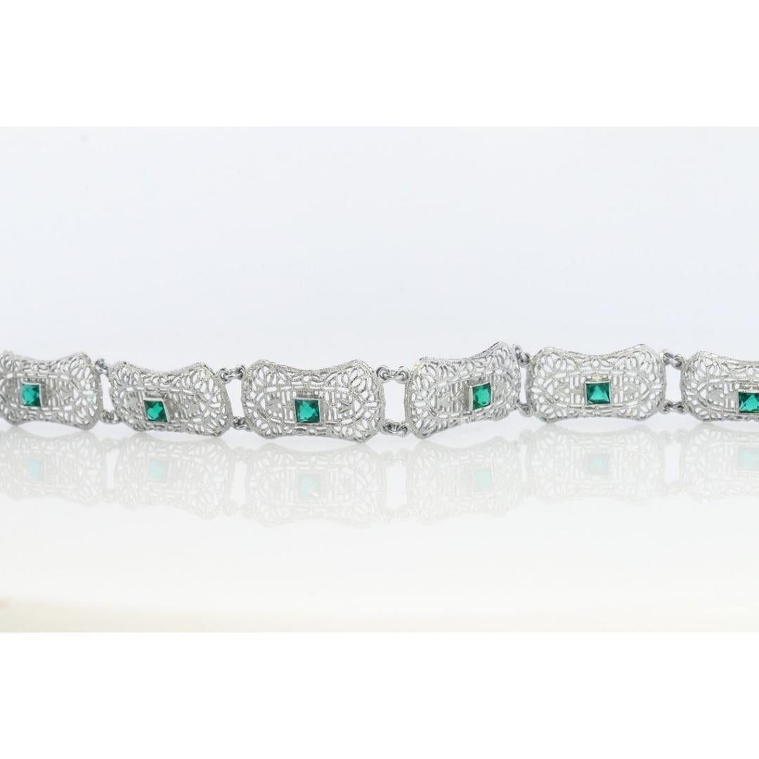 10k Art Deco Filigree Bracelet. Open Scroll link Princess Emerald bracelet. For Sale 4