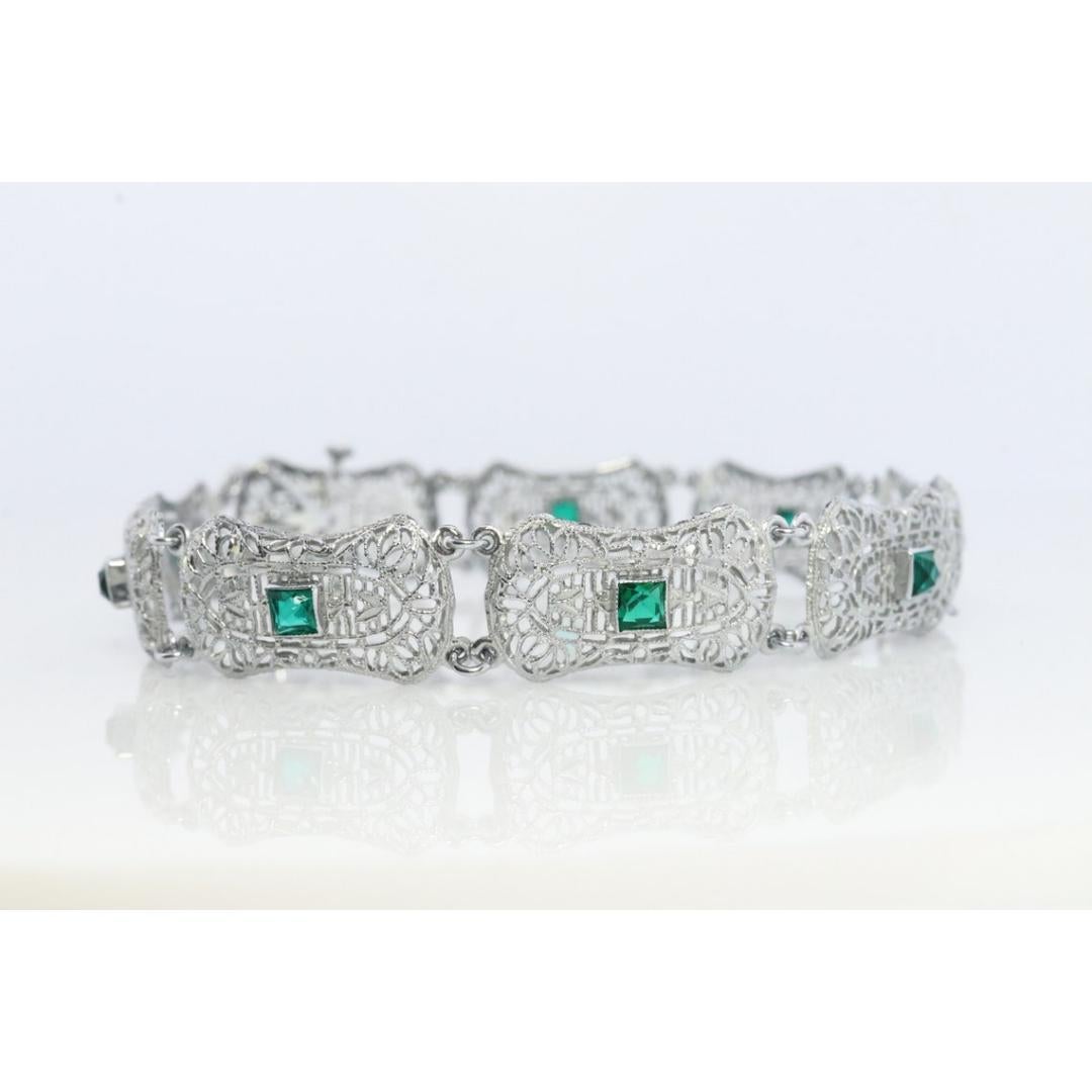 10k Art Deco Filigree Bracelet. Open Scroll link Princess Emerald bracelet. For Sale 5