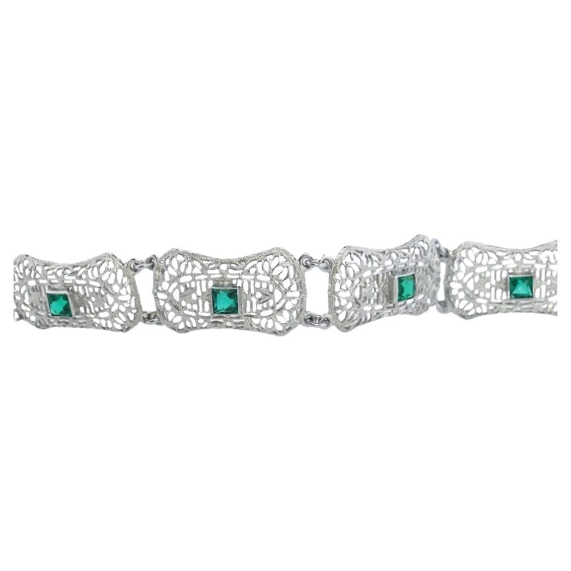 10k Art Deco Filigree Bracelet. Open Scroll link Princess Emerald bracelet.